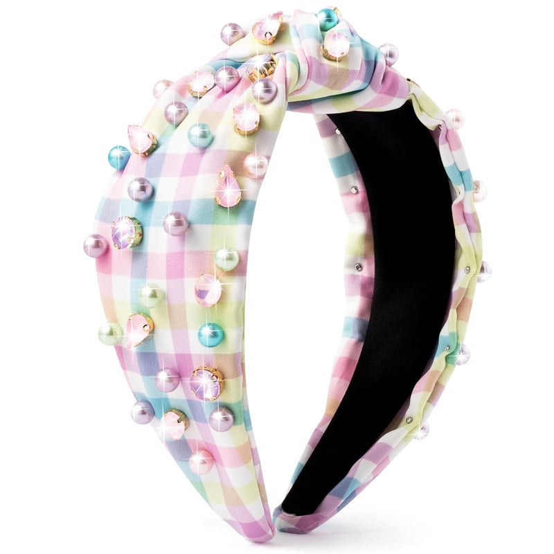 PANTIDE Easter Jeweled Knotted Headband - Colorful Pearl Rhinestone Beads Embellished Headband Non Slip Wide Top Knot Costume Hairband Hair Accessories Spring Birthday Gift for Women Girls (Plaid) - Image 1